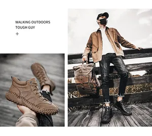 Detail of high-top men's outdoor hiking boots with non-slip sole and leather finish