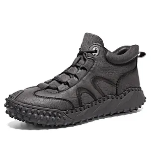 Men's Outdoor High Top Casual Boots Microfiber Leather Handmade Stitched Anti Slip Hiking Short Boots Warm Winter Shoes