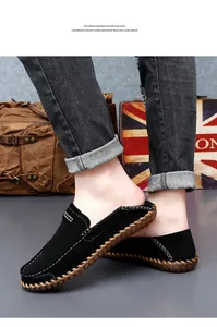 Détail de la texture de tissage cousue à la main sur mocassins noirs en daim.