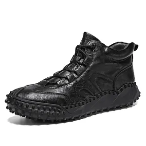 High-top men's outdoor leather hiking shoes with durable anti-slip studded soles