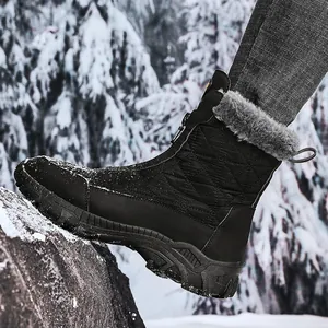Black men's waterproof snow boots with warm fur lining and anti-slip sole for winter