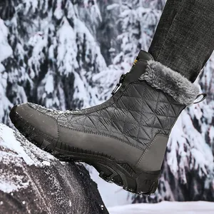 Men's waterproof high-top snow boots with grey fur lining and front zipper for winter