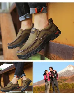 Men's genuine leather hiking loafers shown in outdoor and close-up lifestyle scenes