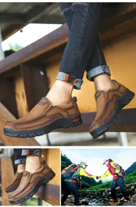 Detailed view of men's brown genuine leather loafers worn in outdoor and casual settings