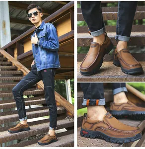 Detail view of men's genuine brown leather loafers featuring durable anti-slip rubber soles