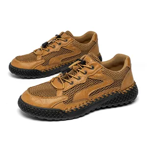 Detailansicht braune atmungsaktive Outdoor-Wanderschuhe für Herren mit griffiger Sohle