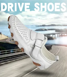 Breathable white perforated leather driving loafers for men with Velcro strap detail