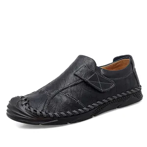 Scarpe casual da uomo in vera pelle nera fatte a mano con cinturino regolabile
