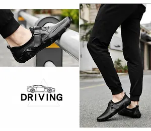 Detail collage of men's breathable black perforated slip-on driving shoes on street