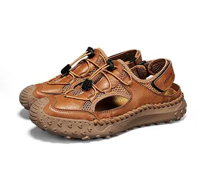 Brown leather casual sandals for men with breathable mesh and elastic drawstring laces