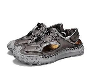 Close-up side view of men's leather outdoor sandals with breathable mesh and drawstring