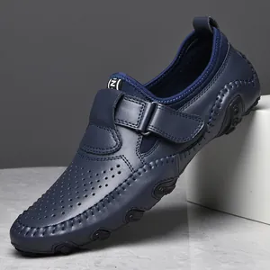 Men Perforated Leather Driving Shoes Slip On Loafers Breathable Soft Sole Casual Walking Shoes Daily Business Footwear