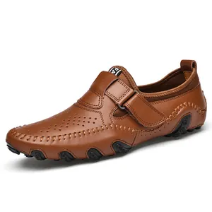 Breathable brown leather loafers for men with perforated design and slip-on style