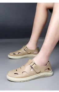 Macro view of men's breathable khaki leather closed-toe casual sandals for summer wear