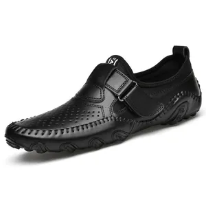 Men's breathable perforated black leather slip-on driving loafers soft sole moccasins