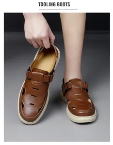 Detailed view of men's brown leather hollow sandals with breathable summer design