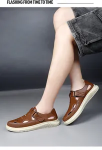 Detailed side view of men's brown breathable hollow sandals with anti-slip cream soles