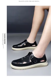 Detailed view of black breathable hollowed-out men's summer casual sandals on model