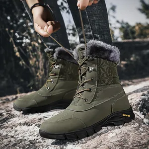 Bottes de neige imperméables vert olive pour hommes avec doublure en fourrure synthétique