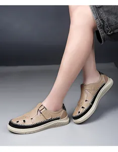 Detailed side view of breathable khaki hollow casual sandals for men with non-slip rubber sole