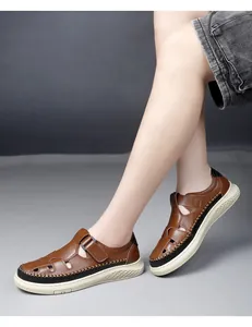 Breathable brown hollow-out men's casual sandals with anti-slip sole for summer outdoor wear