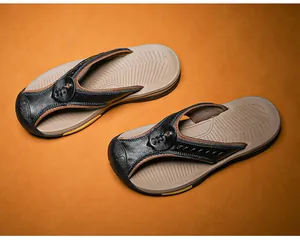 Detailed view of durable men's leather flip-flops with anti-slip rubber sole