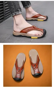 Detailed view of men's brown top-layer cowhide flip-flops featuring durable outdoor soles.
