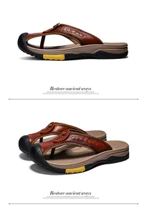 Detailed view of durable men's brown leather flip-flops with protective toe cap design