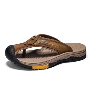 Men's leather flip-flops with brown cowhide straps and anti-slip thick soles