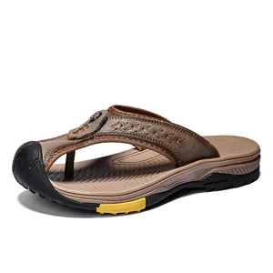 Premium brown leather men's outdoor thong sandals featuring a protective toe cap design