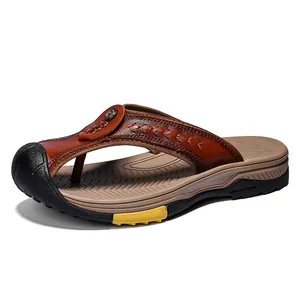 Professional men's genuine leather flip-flops with protective toe cap for outdoor beach use