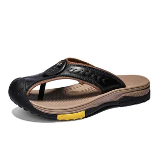 Durable men's leather flip-flops with anti-slip rubber sole for outdoor beach wear