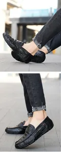 Detailed view of black men's leather loafers featuring crocodile texture and slip-on design