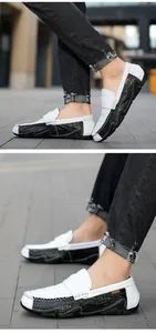 Close-up detail of men's genuine leather loafers featuring black and white crocodile texture