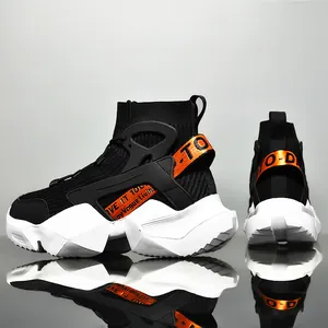 High-top men's sock sneakers with shock-absorbing chunky sole and orange straps