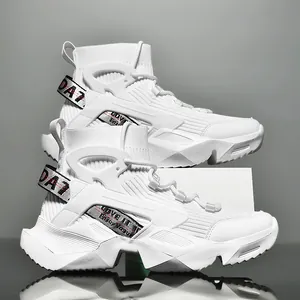 Breathable white high-top sock sneakers for men with chunky soles and stylish straps