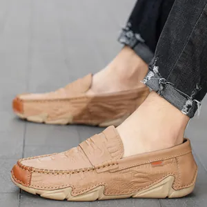 Men's tan textured leather loafers, soft sole slip-on driving shoes for casual business