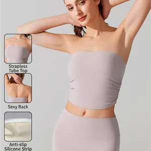 Strakke lavendel geplooide strapless tube top sportbeha voor yoga en fitness
