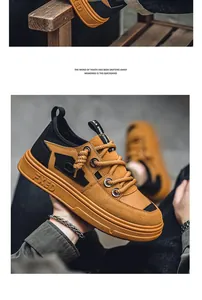 Detalle de las zapatillas de trabajo en ante amarillo mostaza con cordones de cuerda.