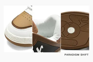 Close-up details of breathable thick-soled sneakers showing toe cap and sole texture