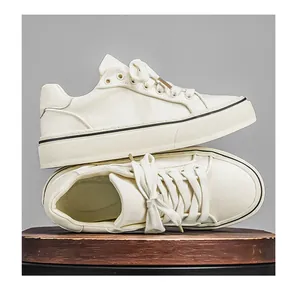 Detailed close-up shot of stylish cream canvas platform sneakers on wooden pedestal