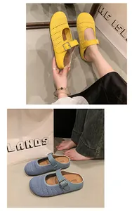 Detail view of women's mesh Mary Jane mules in yellow and blue colors with buckles.