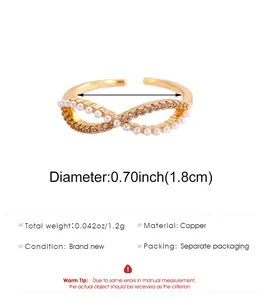 Gold infinity ring featuring pearls and rhinestones with detailed size and material specs