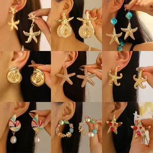 Bohemian Alloy Starfish Seashell Drop Earrings For Women Summer Beach Vacation Gold Silver Ocean Theme Jewelry Gift