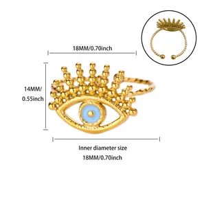 Adjustable gold stainless steel evil eye ring with blue enamel, showing product dimensions