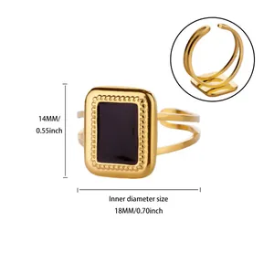 Detailed size diagram of vintage gold plated stainless steel ring with black enamel