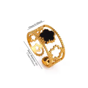Detail view of gold stainless steel enamel sunflower ring with measurement annotations