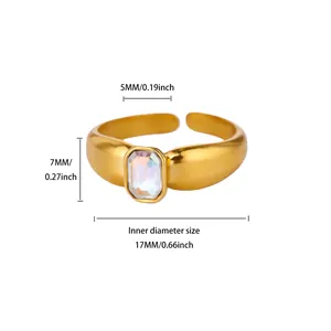 Detailed dimension chart of an adjustable gold stainless steel ring with rectangle gem
