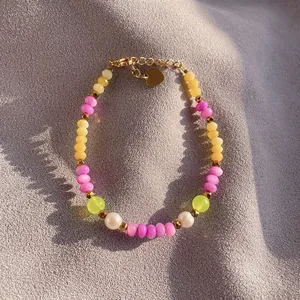 Colorful dopamine faceted natural stone beaded bracelet with gold heart charm and pearls