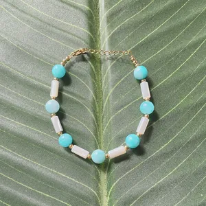 Close-up detail of a colorful natural stone beaded bracelet for women on a green leaf background